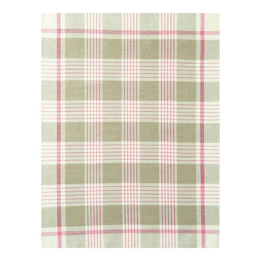Plaid fabric with natural, red, and white pattern on a white background