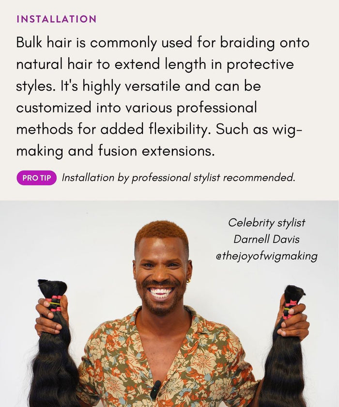 A smiling man with short hair holds two bundles of Perfect Locks Curly Bulk Hair. Text highlights its use for braids and a stylist's quote.