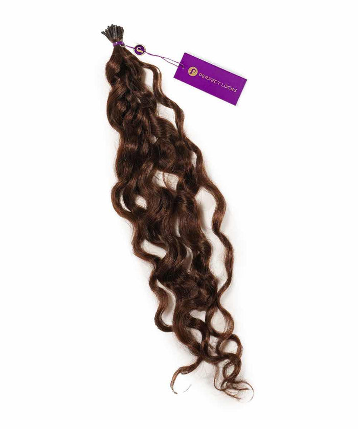 A bundle of Curly Fusion I-Tip Hair in Natural Black  from Perfect Locks, with a purple tag, displayed on a white background.#color_chocolate-brown-(3)