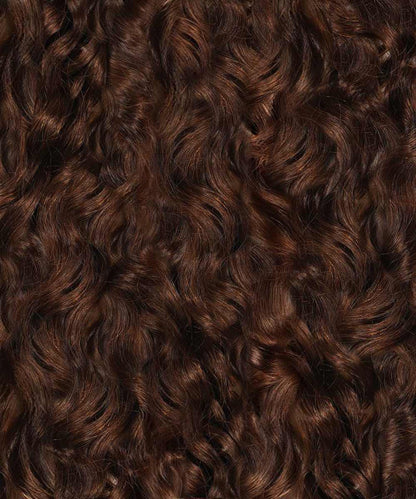 Close-up of thick, shiny, tight ringlets in natural black , filling the frame—ideal for showcasing Perfect Locks Curly Fusion I-Tip Hair extensions.#color_chocolate-brown-(3)