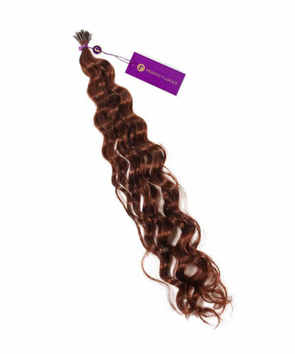 A bundle of long, curly Chocolate Brown  fusion I-tip hair extensions with a purple Perfect Locks tag near the top.#color_dark-auburn-(33)