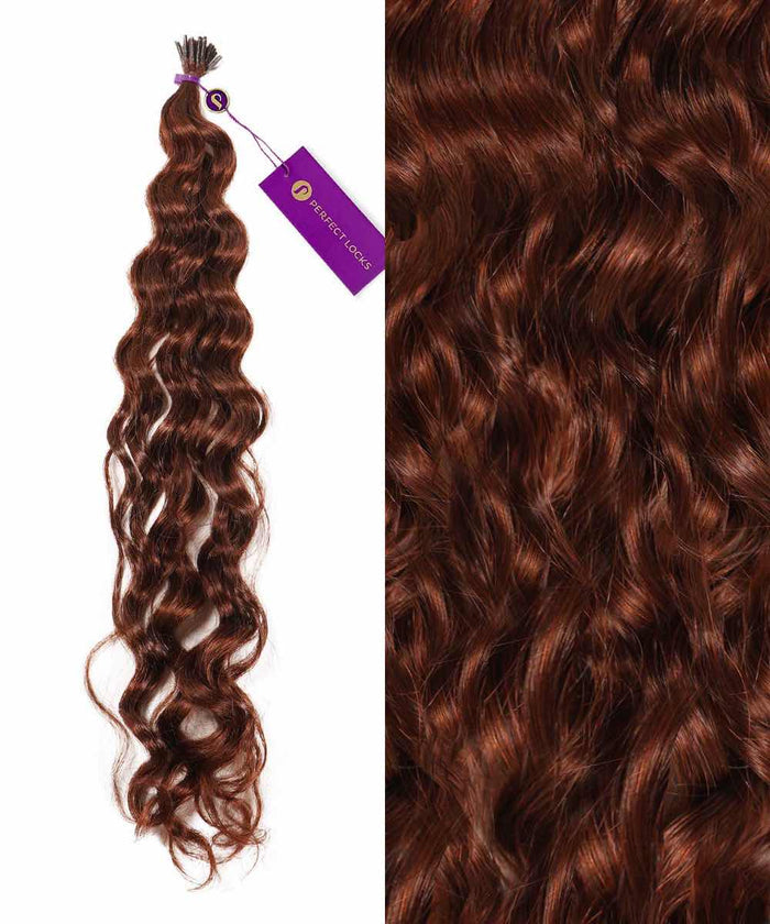 A bundle of Perfect Locks Curly Fusion I-Tip Hair in Chocolate Brown  with a purple tag, next to a close-up of shiny, defined curls and rich color on these human hair extensions.#color_dark-auburn-(33)