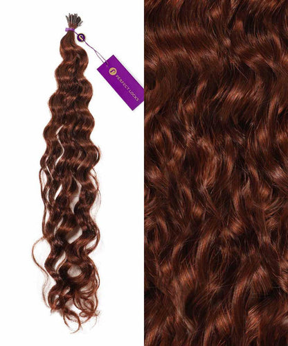 A bundle of Perfect Locks Curly Fusion I-Tip Hair in Chocolate Brown  with a purple tag, next to a close-up of shiny, defined curls and rich color on these human hair extensions.#color_dark-auburn-(33)