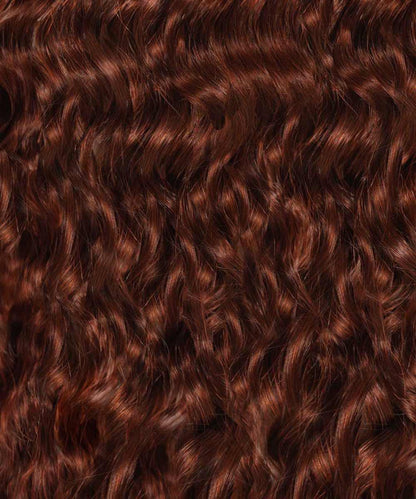Close-up of Perfect Locks Curly Fusion I-Tip Hair in Chocolate Brown, featuring shiny, wavy Remy extensions and defined curls.#color_dark-auburn-(33)