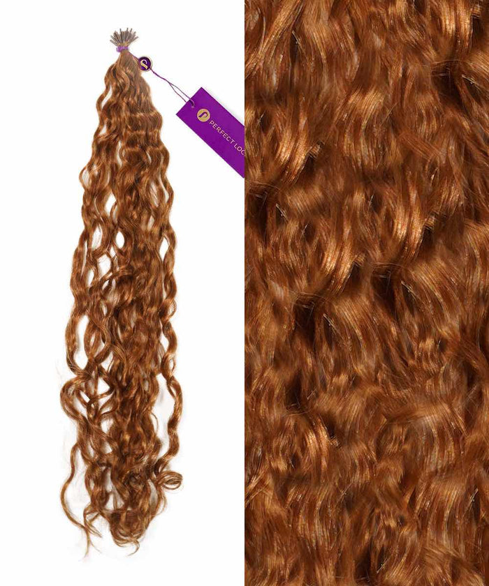 Close-up of Perfect Locks Curly Fusion I-Tip Hair in Golden Brown , showing long, curly Remy texture and attached product tag.#color_golden-brown-(6)