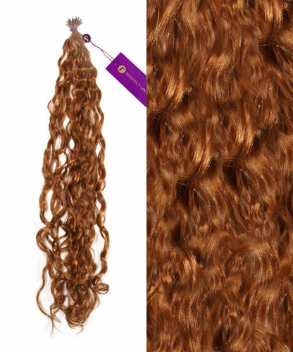 Close-up of Perfect Locks Curly Fusion I-Tip Hair in Golden Brown , showing long, curly Remy texture and attached product tag.#color_golden-brown-(6)