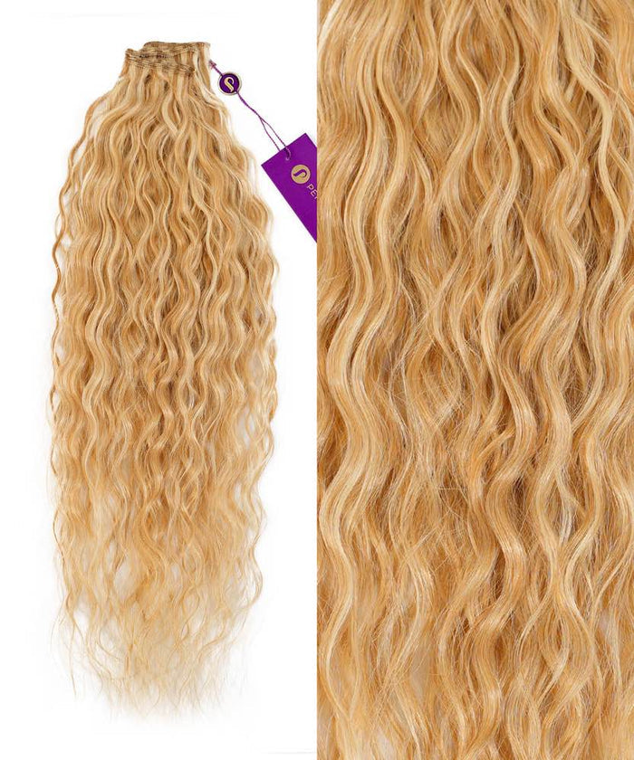 Perfect Locks Curly Hand-Tied Weft Rows (2oz) in Natural Black . Left: full extension with tag. Right: curly texture close-up.#color_caramel-blonde-highlights-(24/27/613)