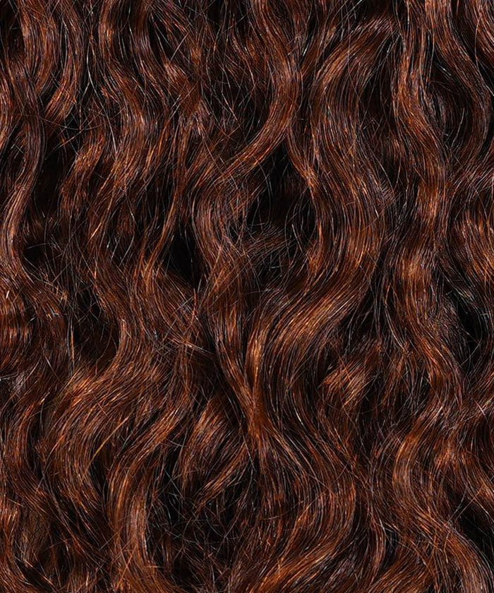 Close-up of Perfect Locks Curly Hand-Tied Weft Rows (2oz) in Golden Brown , with shiny, defined curls and a glossy texture.#color_chocolate-brown-(3)