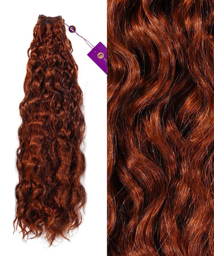 On the left, Curly Hand-Tied Weft Rows (2oz) by Perfect Locks in Golden Brown ; right: close-up of shiny, defined curls.#color_dark-auburn-(33)