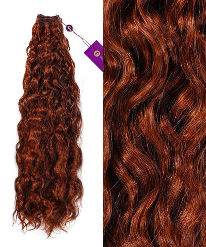 On the left, Curly Hand-Tied Weft Rows (2oz) by Perfect Locks in Golden Brown ; right: close-up of shiny, defined curls.#color_dark-auburn-(33)