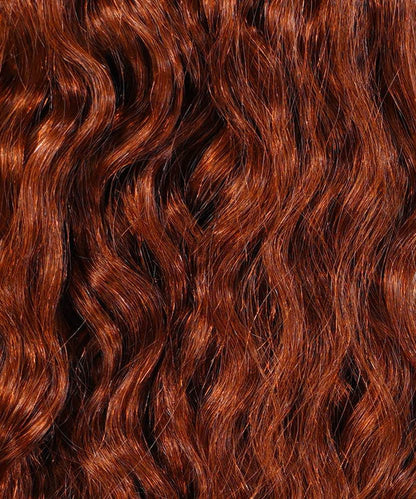 A close-up of Perfect Locks Curly Hand-Tied Weft Rows (2oz) in Honey Blonde , showcasing shiny curls, soft texture, and vibrant golden hues.#color_dark-auburn-(33)