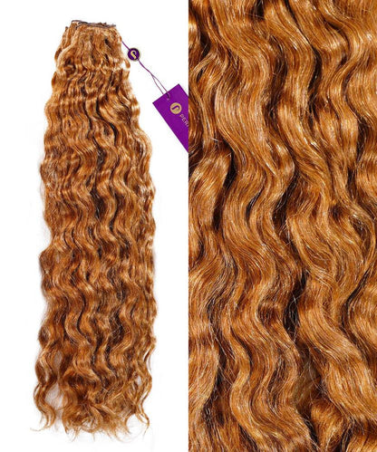 On the left are Perfect Locks Curly Hand-Tied Weft Rows (2oz) in Honey Blonde ; right shows shiny, defined curls up close.#color_golden-brown-(6)