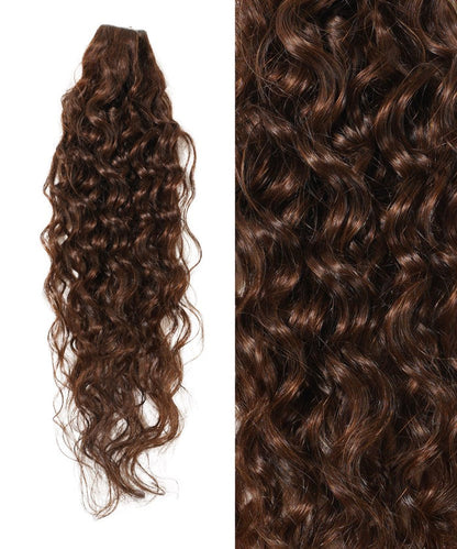 The Perfect Locks Curly Seamless Tape-In Weft in Natural Black  shown in two views: full length left, close-up right.#color_chocolate-brown-(3)