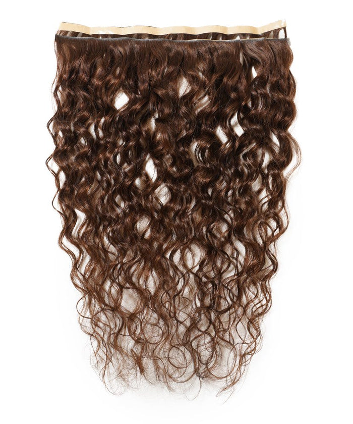 The Perfect Locks Curly Seamless Tape-In Weft in Natural Black  with long, wavy Remy hair extensions on a white background.#color_chocolate-brown-(3)
