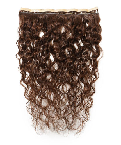 The Perfect Locks Curly Seamless Tape-In Weft in Natural Black  with long, wavy Remy hair extensions on a white background.#color_chocolate-brown-(3)