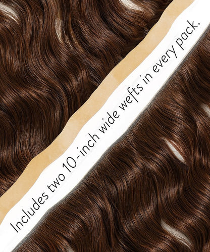 Close-up of Perfect Locks Curly Seamless Tape-In Weft in Chocolate Brown , showing wavy Remy hair and a cream strip stating: Includes two 10-inch wide wefts in every pack.#color_chocolate-brown-(3)