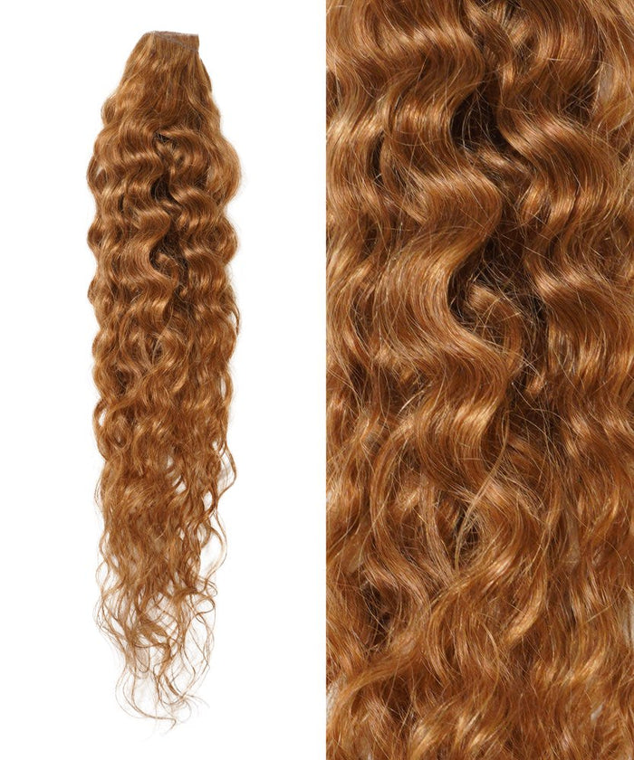 On the left is the Curly Seamless Tape-In Weft by Perfect Locks in Chocolate Brown , with a close-up on the right showing its shiny, defined waves and rich color.#color_golden-brown-(6)