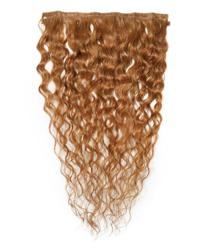 Curly Seamless Tape-In Weft by Perfect Locks in Chocolate Brown  with defined curls, displayed against a white background.#color_golden-brown-(6)