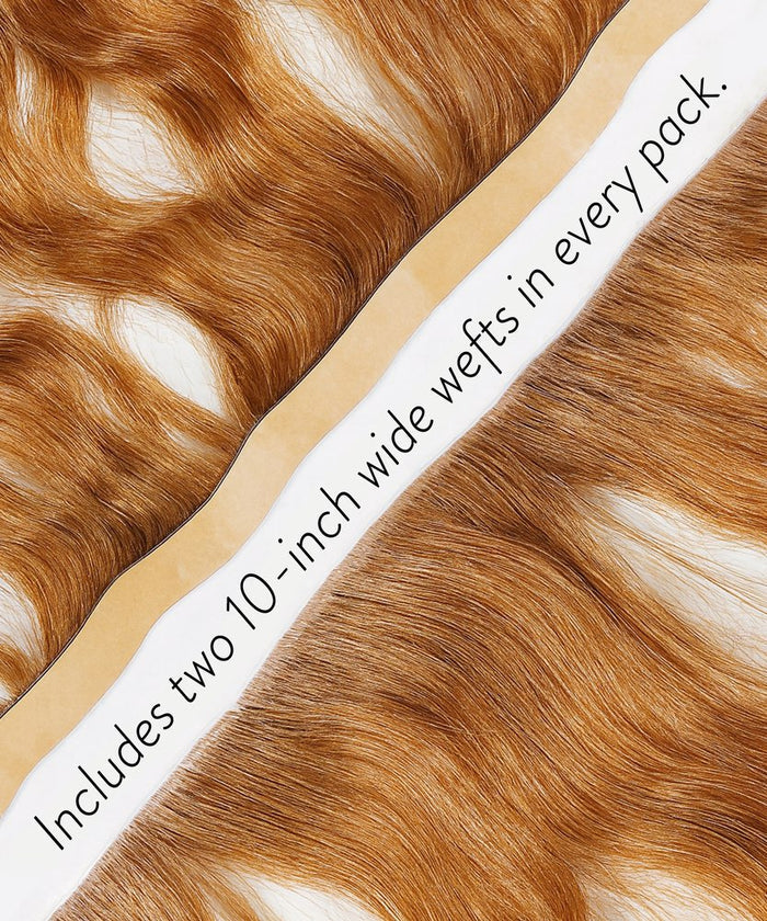 Two Curly Seamless Tape-In Wefts in Golden Brown  by Perfect Locks side by side, with a strip reading "Includes two 10-inch wide wefts in every pack" diagonally across the middle.#color_golden-brown-(6)