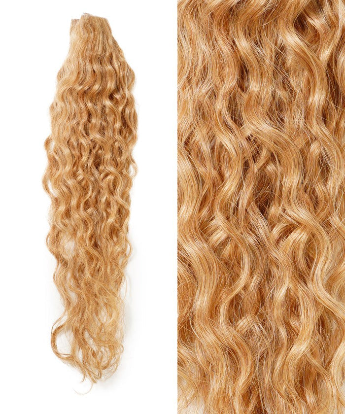On the left is a bundle of Perfect Locks Curly Seamless Tape-In Weft extensions in Golden Brown , with a close-up of their defined curl pattern and shine on the right.#color_honey-blonde-(27)