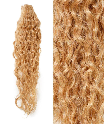 On the left is a bundle of Perfect Locks Curly Seamless Tape-In Weft extensions in Golden Brown , with a close-up of their defined curl pattern and shine on the right.#color_honey-blonde-(27)