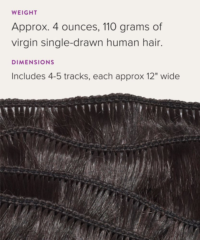 Close-up of several Curly Virgin Hand-Tied Wefts by Perfect Locks laid side by side, with text displaying weight, dimensions, and quantity for each hair track.