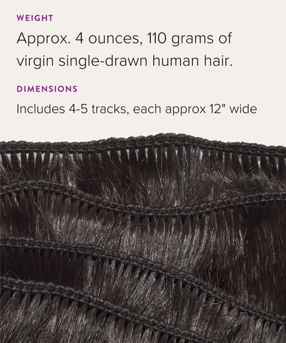 Close-up of several Curly Virgin Hand-Tied Wefts by Perfect Locks laid side by side, with text displaying weight, dimensions, and quantity for each hair track.