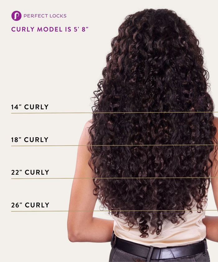 A woman with Perfect Locks' Curly Virgin Hand-Tied Weft extensions is seen from the back; curly lengths are labeled 14", 18", 22", and 26". The model is 5'8".