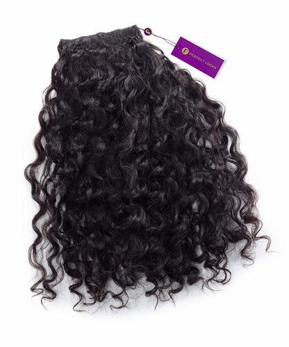 A Curly Virgin Machine Weft hair extension by Perfect Locks in Natural Black , with a purple tag, on a white background.