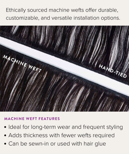 Close-up of Perfect Locks Curly Virgin Machine Weft hair extensions in Natural Black , with text about durability, versatility, and seamless installation.