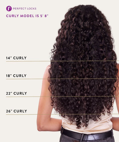 A woman with long, curly dark hair stands with her back to the camera, showcasing Curly Virgin Machine Weft by Perfect Locks.