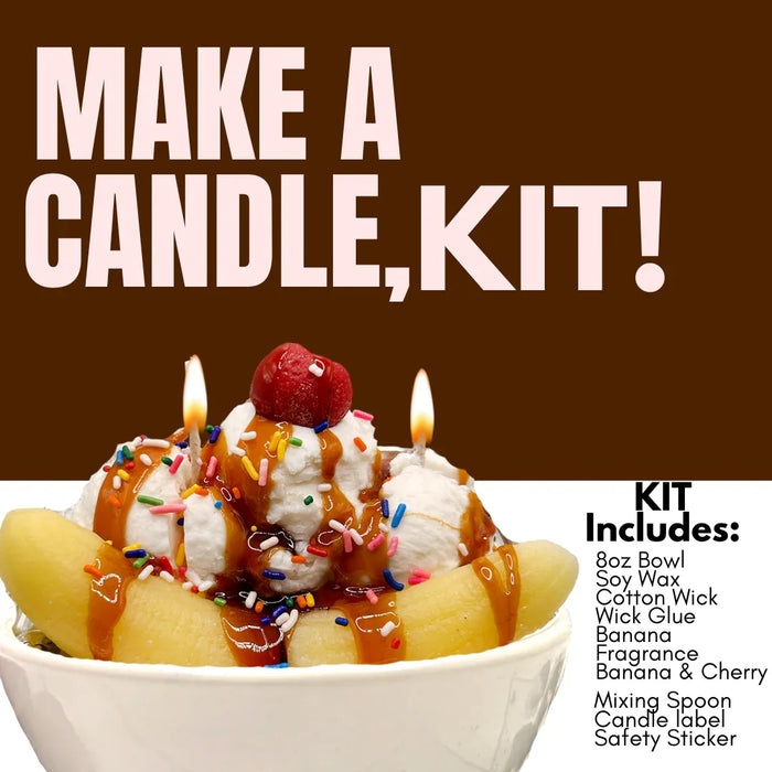 Banana split dessert candle kit with soy wax, sprinkles, cherries, and lit wicks in a bowl.