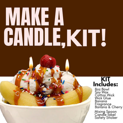 Banana split dessert candle kit with soy wax, sprinkles, cherries, and lit wicks in a bowl.