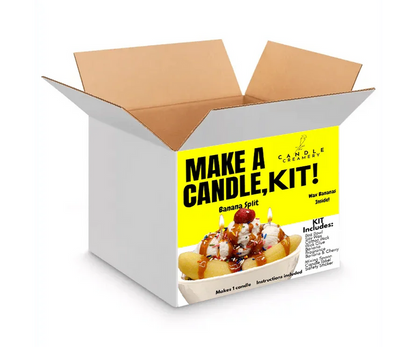 Banana split DIY candle making kit in an open box with product label and ingredients list visible.