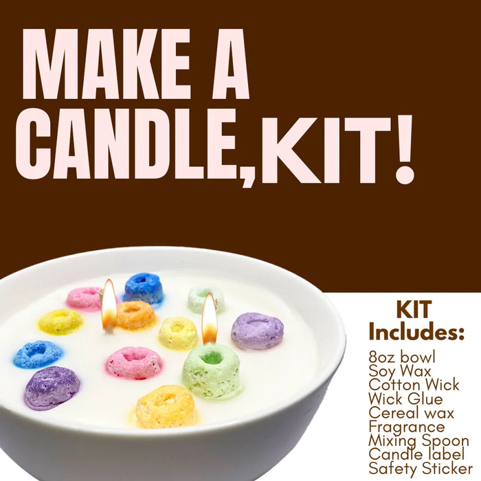 DIY candle kit with cereal-shaped wax pieces in a bowl, includes soy wax, wicks, fragrance.