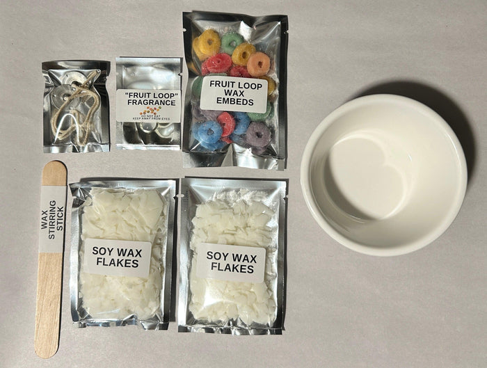 DIY candle making kit with soy wax flakes, fruit loop wax embeds, fragrance, wick, and bowl