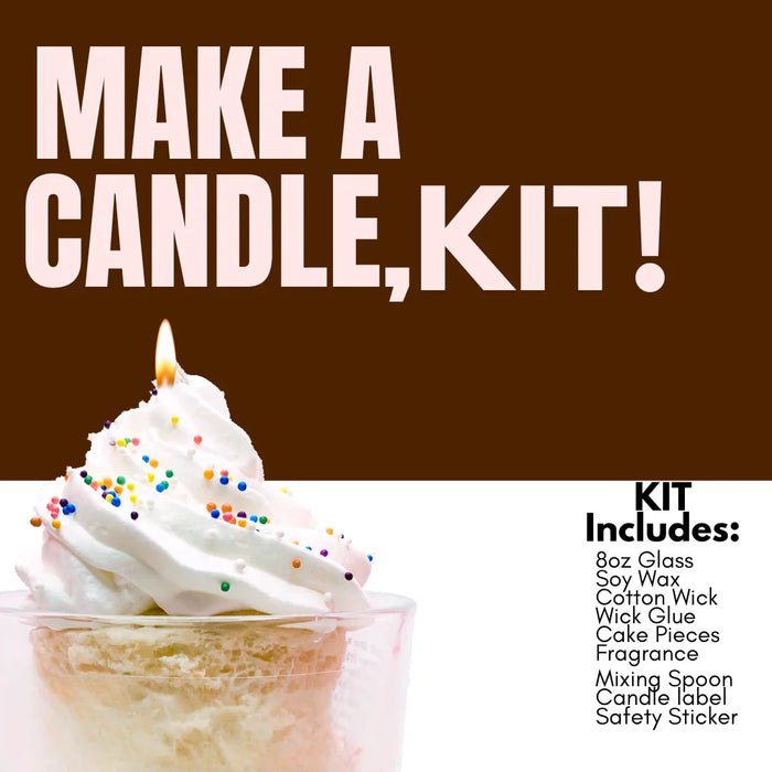 Dessert-inspired candle kit with whipped topping and sprinkles in a glass jar, text overlay