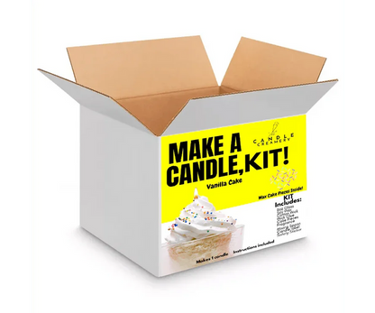 Vanilla cake DIY candle making kit in open box with bright yellow label and whipped cream design