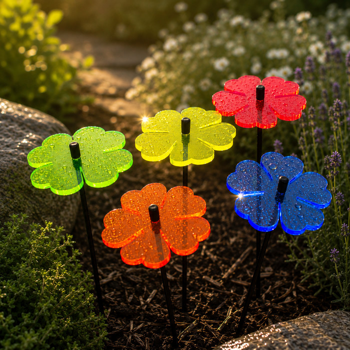 Double Blossom Garden Stakes – Set of 5 | Fluorescent Garden Décor | Small, Medium & Large