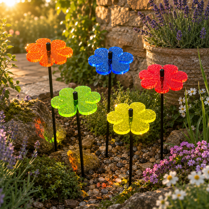 Double Blossom Garden Stakes – Set of 5 | Fluorescent Garden Décor | Small, Medium & Large