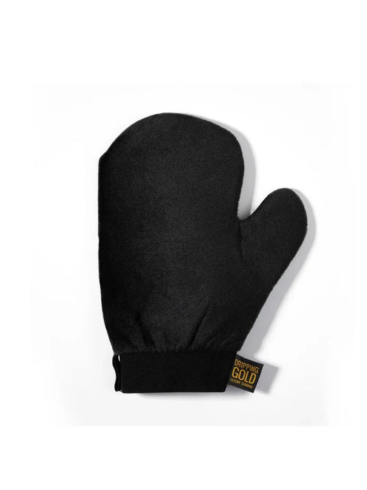 Black oven mitt with a brand label on a white background
