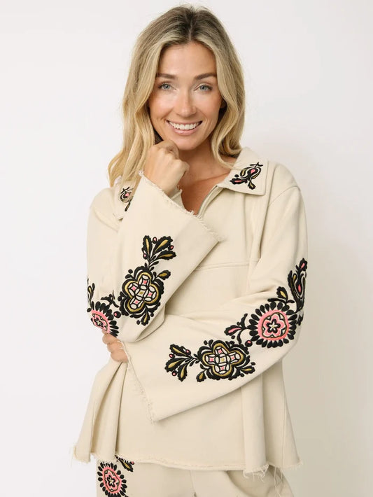 Easy Does It Embroidered Sweatshirt - Cream-view 1