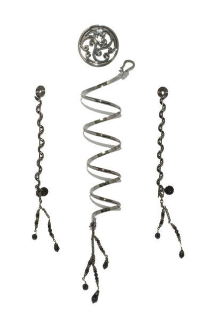 black metal hair accessory set with spiral wrap and dangling charms front view