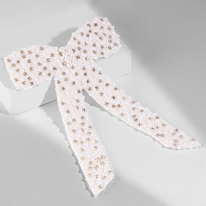 Embellished Pearl & Crystal Hair Bow Barrette Clip - White