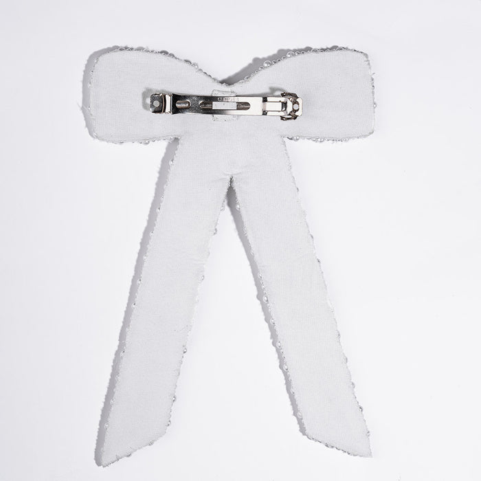 Embellished Pearl & Crystal Hair Bow Barrette Clip - White