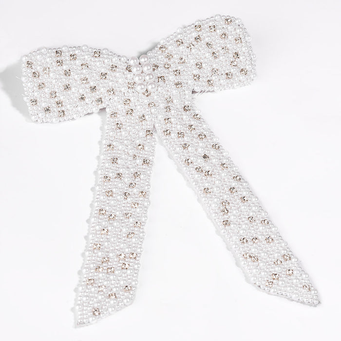 Embellished Pearl & Crystal Hair Bow Barrette Clip - White