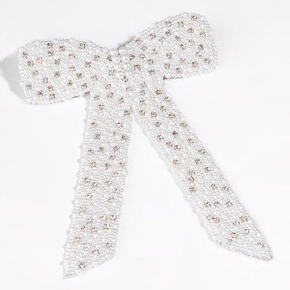Embellished Pearl & Crystal Hair Bow Barrette Clip - White