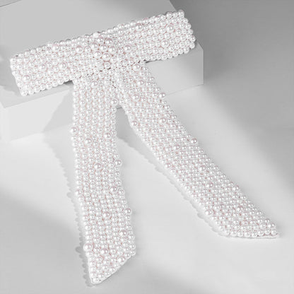 Embellished Pearl Hair Bow Barrette Clip - White