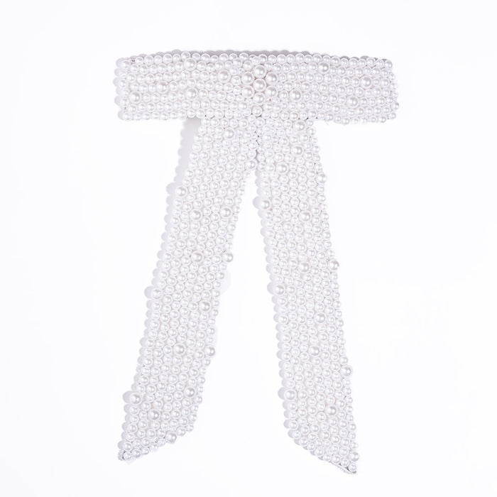 Embellished Pearl Hair Bow Barrette Clip - White