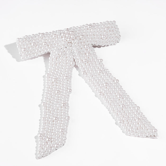 Embellished Pearl Hair Bow Barrette Clip - White